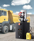 Vevor 12V DC hydraulic power unit with single-acting dump trailer pump and yellow remote on black housing