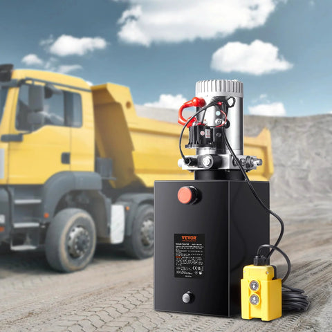 Vevor 12V DC hydraulic power unit with single-acting dump trailer pump and yellow remote on black housing