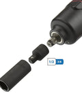 Garage Ready Eight Piece Impact Socket Adapter And Reducer Set For One Quarter Three Eighths One Half Three Quarters And One Inch Drives CrV Steel Ball Detent Locking Adapters SAE Size Converter Kit For Impact Wrench And Driver connected to a black impact wrench, showing 1/2 to 3/8 adapter.