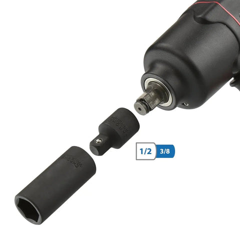 Garage Ready Eight Piece Impact Socket Adapter And Reducer Set For One Quarter Three Eighths One Half Three Quarters And One Inch Drives CrV Steel Ball Detent Locking Adapters SAE Size Converter Kit For Impact Wrench And Driver connected to a black impact wrench, showing 1/2 to 3/8 adapter.
