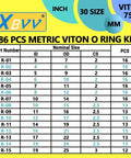 Viton O Ring Assortment Kit, 386 Pieces, 30 Metric Sizes, 75A Durometer, Oil And Chemical Resistant chart