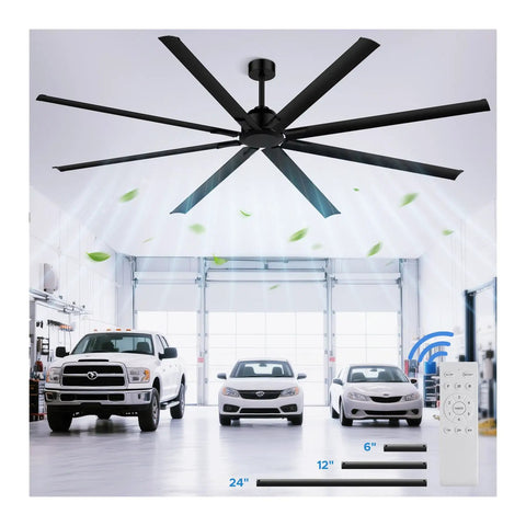 Ginormous 96-Inch HVLS ceiling fan with 8 metal blades, quiet reversible DC motor, remote control, installed in a garage with cars