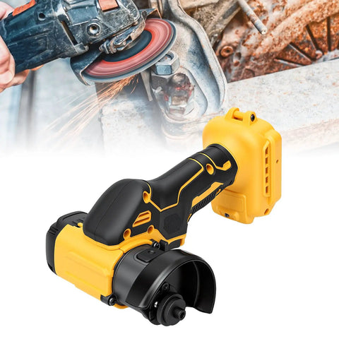 Heavy Duty Portable Three Inch Cordless Angle Grinder And Mini Circular Saw Featuring Badass Brushless Motor Dual Mode Setup For No Sweat Wood Metal Tile Cutting Jobs in black and yellow, ideal for cutting and grinding tasks.