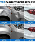 Paintless Car Dent Repair Kit With Golden Lifter, Before and After images of car dent removal on fender and bumper.