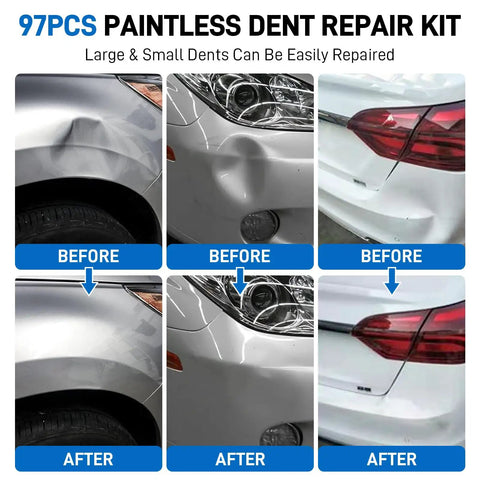 Paintless Car Dent Repair Kit With Golden Lifter, Before and After images of car dent removal on fender and bumper.