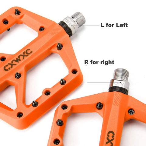 Ultra Lightweight Mountain Bike Pedals With Grippy Traction For Trail And BMX Rides Platform Pedals Nine Sixteenth Inch Axle Nylon Fiber Build Durable And Lightweight Orange, showing left and right labels.