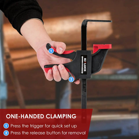 Close-up of a hand using a Universal Track Saw Clamp Set With Quick Release For Circular Saw Guide Rails, focusing on clamping mechanism.