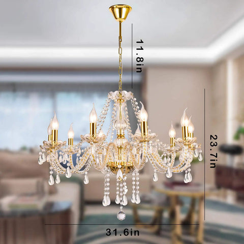 K9 Crystal Candle Chandelier Ten Lights Pendant Ceiling Fixture with gold finish in a living room, 31.6in diameter, 23.7in height.