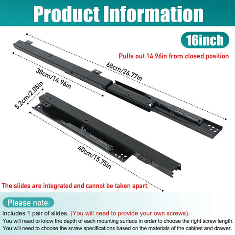 Smooth As Butter Undermount Drawer Slides With Bottom Mount Rails for Frameless drawers, dimensions 16 inches, black steel construction.