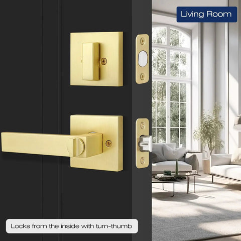 Smooth Satin Brass Door Handleset With Single Cylinder Deadbolt Reversible For Right Or Left Swing Easy Keyed Square Deadbolt Lock Set For Front Entry Door