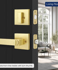 Close-up of satin brass door handleset with single cylinder deadbolt, visible in modern living room setting.