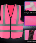 Rock This Neon Pink Three Pack Reflective Safety Vest For Men And Women Featuring Bold Two Inch Strips For Genuine High Visibility Coverage On Active Job Sites And Nighttime Outdoor Tasks Stay Safe Out There Straight Up Every Single Day, shown with reflective strips and zip-front closure.