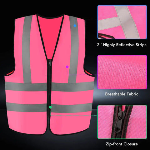 Rock This Neon Pink Three Pack Reflective Safety Vest For Men And Women Featuring Bold Two Inch Strips For Genuine High Visibility Coverage On Active Job Sites And Nighttime Outdoor Tasks Stay Safe Out There Straight Up Every Single Day, shown with reflective strips and zip-front closure.