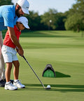 Father and son using Portable Golf Automatic Putting Cup With Ball Returner for indoor and outdoor practice on a golf course