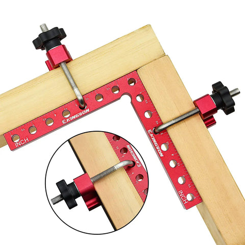 90 Degree Corner Clamps Set for Woodworking Aluminum Alloy Pro Grade Right Angle Clamps Kit on wood beams with carpenter square