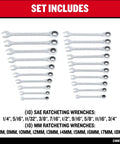 Shop Grade Twenty Piece Ratchet Wrench Set With Slick Chrome Plating And Big Bold Numbers features SAE and metric sizes.