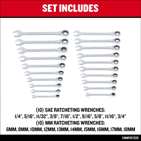 Shop Grade Twenty Piece Ratchet Wrench Set With Slick Chrome Plating And Big Bold Numbers features SAE and metric sizes.