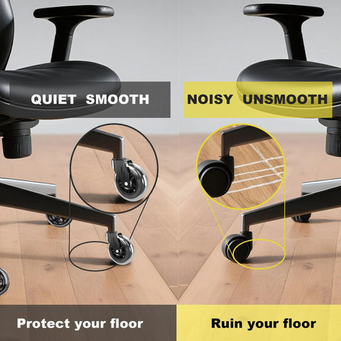 Office Chair Wheels Replacement Rubber Casters For Hardwood Floors And Carpet, showing smooth gliding versus damaging standard wheels