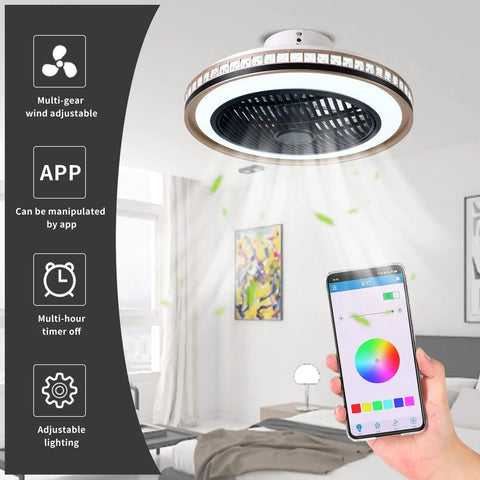 Bladeless 20 Inch Low Profile Ceiling Fan With Lights And Remote Modern Flush Mount Enclosed Ceiling Fan With Bluetooth App Control Music Speaker 6 Speed Reversible Remote Or Wall Switch Operation Golden Black Finish in a bedroom with app control visible on smartphone.