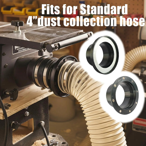 Front view of two magnetic dust-collection adapters for 4" to 2.5" quick-connect hose; metal ring fittings.