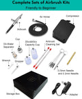 All In One Airbrush Kit With Air Compressor Pro Grade High Pressure Performance For Painting Modeling Cake Decorating And Makeup Includes 0.2mm 0.3mm 0.5mm Nozzles And Cleaning Set Non Clogging And Durable Component with complete accessory set shown