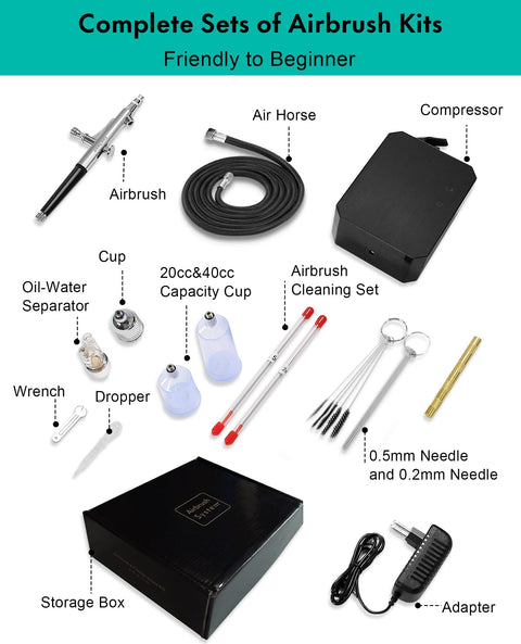 All In One Airbrush Kit With Air Compressor Pro Grade High Pressure Performance For Painting Modeling Cake Decorating And Makeup Includes 0.2mm 0.3mm 0.5mm Nozzles And Cleaning Set Non Clogging And Durable Component with complete accessory set shown