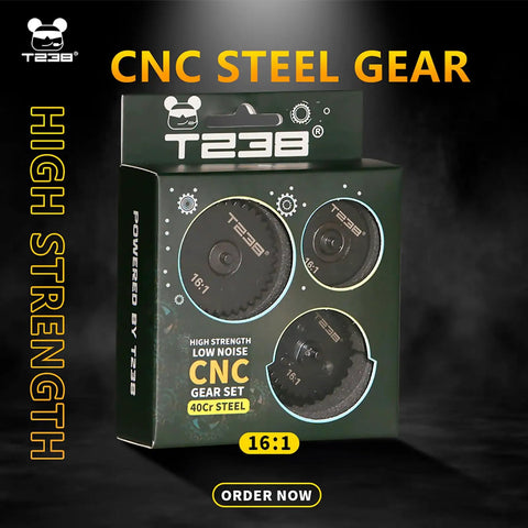 Airsoft Spiral Gear Set For AEG V2 V3 Gearbox Upgrade 16 To 1 CNC 40Cr Steel Construction packaging display