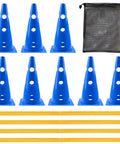 Dog Agility Training Set With Hurdle Cones Jump Bar And Obstacles, showing blue cones, yellow bars, and carrying bag.