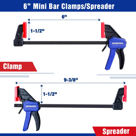 Six Inch Mini Bar Clamps Set Two Pack For Woodworking, One Handed Clamp And Spreader shown in clamp and spreader positions