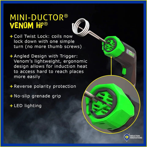 Front view of Induction Innovations Mini-Ductor Venom HP handheld induction heater with green hexagonal coil head.