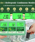 No-Fuss All-In-One 6-In-1 WiFi Hydroponics Monitor displays pH, EC, Temp with green screen, ideal for aquaponics garden setup.