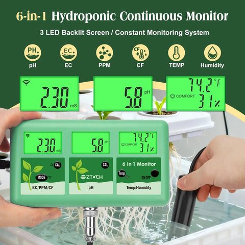 No-Fuss All-In-One 6-In-1 WiFi Hydroponics Monitor displays pH, EC, Temp with green screen, ideal for aquaponics garden setup.