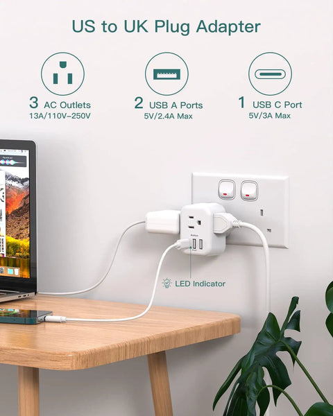 2 Pack US To UK Ireland Travel Plug Adapter Type G Power Outlet with 3 US Outlets, 3 USB Ports, LED indicator in use