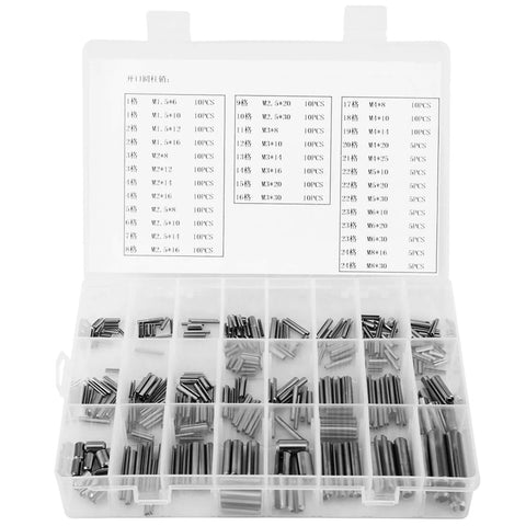 Spring Pin Set 280 Piece Stainless Steel Roll Pins Hollow Dowel Fasteners From M1.5 To M8 Durable Silver Finish in Box