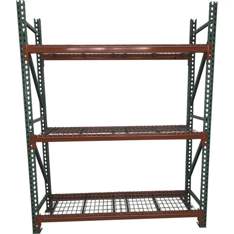 Rock Solid Teardrop Pallet Rack Frame 42 By 240 Inches Single Unit with three wire shelves for heavy inventory storage.