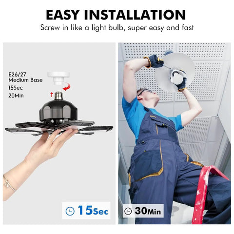 Two Pack LED Garage Light With Six Plus One Deformable Panels 160W 16000LM E26 E27 Socket installation process