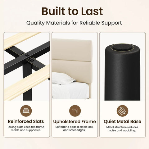 Queen Size Platform Bed Frame With Plush Velvet Headboard And Extra Thick Wooden Slats Delivers rock solid mattress support detail of slats and frame.