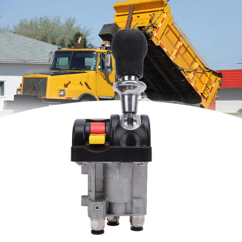 Heavy Duty Dump Truck Proportional Control Valve And PTO Switch Kit with four holes shown in front of a yellow dump truck
