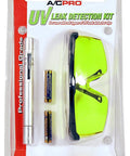 AC Pro UV leak detection kit front view with neon yellow safety glasses and pen light