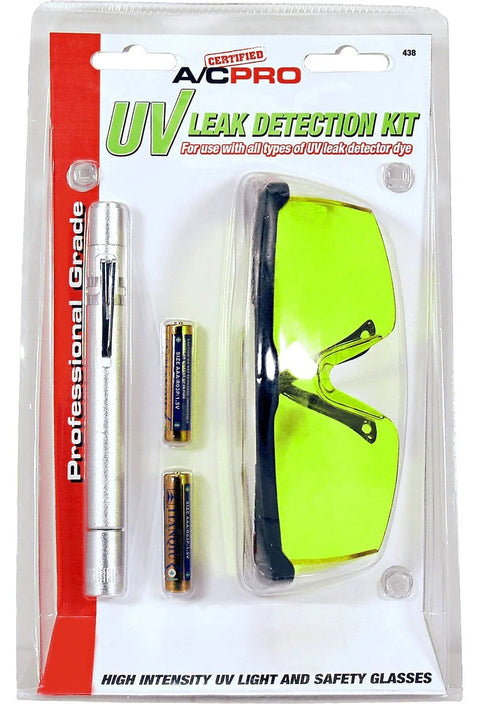 AC Pro UV leak detection kit front view with neon yellow safety glasses and pen light