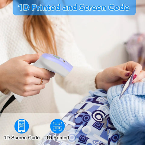 Person using USB 1D Barcode Scanner Handheld Wired CCD Image Scanner That Reads Code 128 UPC EAN From Paper Or Screen