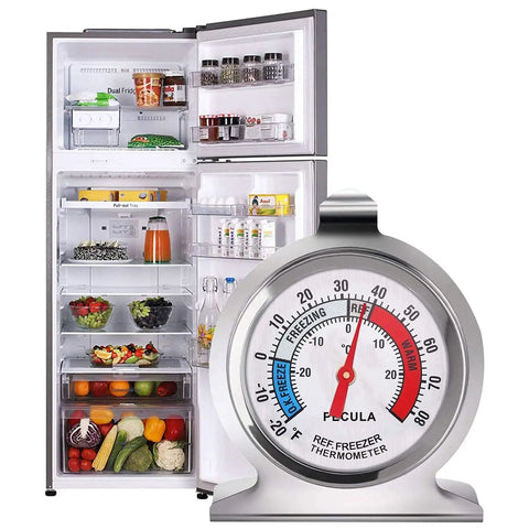 2-Pack Fridge Thermometer With Large Dial And Red Indicator, Reads 30-30C/20-80F, shown in front of open fridge