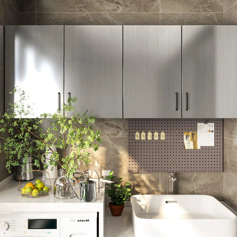 Kitchen cabinets with Stainless Steel Look Peel And Stick Contact Paper Silver Vinyl Wrap For Kitchen Appliances And Fridges Self Adhesive Wallpaper Easy To Install 17.7In Wide By 78.7In Long