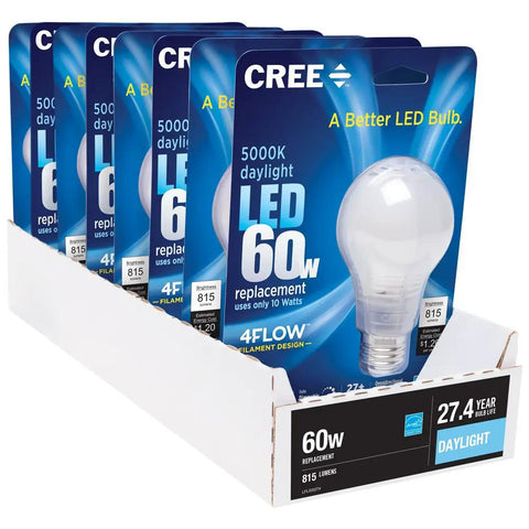 A19 LED Light Bulb 60W Equivalent 5000K Daylight, 4Flow Filament Design, Energy Star, 8-pack in retail packaging