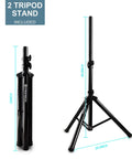 Folded and fully extended tripod stands for MX15 15 Inch 2500W Bluetooth Powered PA System with 8 Channel Mixer.