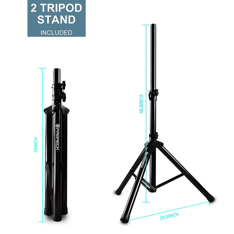 Folded and fully extended tripod stands for MX15 15 Inch 2500W Bluetooth Powered PA System with 8 Channel Mixer.