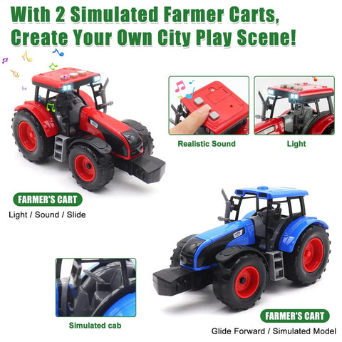 Two simulated farmer carts with light and sound, featuring realistic cab and glide forward design for imaginative play.