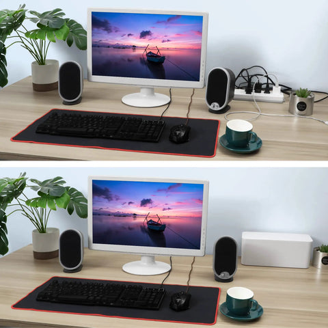 Two Pack Cable Management Box Set To Hide Power Strips On Desk Or Floor, shown organizing cords on a modern workspace