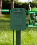 Front view of Outdoor Power Stake With A 50 Foot Waterproof Extension Cord Remote Controlled Three Separate Outlet Groups And Six Grounded Outlets For Backyard Garden Patio And Outdoor Decor ETL Listed with mounting holes and power button.