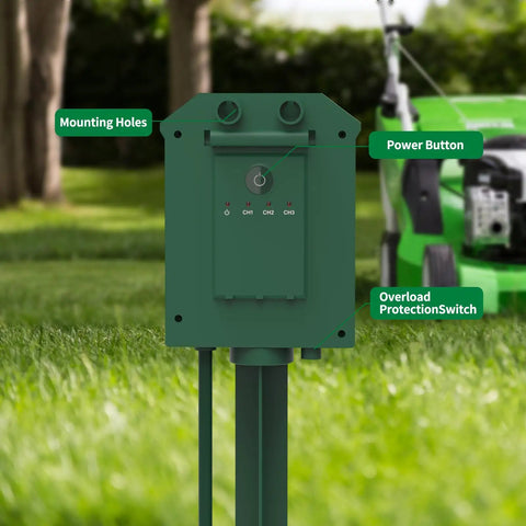 Front view of Outdoor Power Stake With A 50 Foot Waterproof Extension Cord Remote Controlled Three Separate Outlet Groups And Six Grounded Outlets For Backyard Garden Patio And Outdoor Decor ETL Listed with mounting holes and power button.
